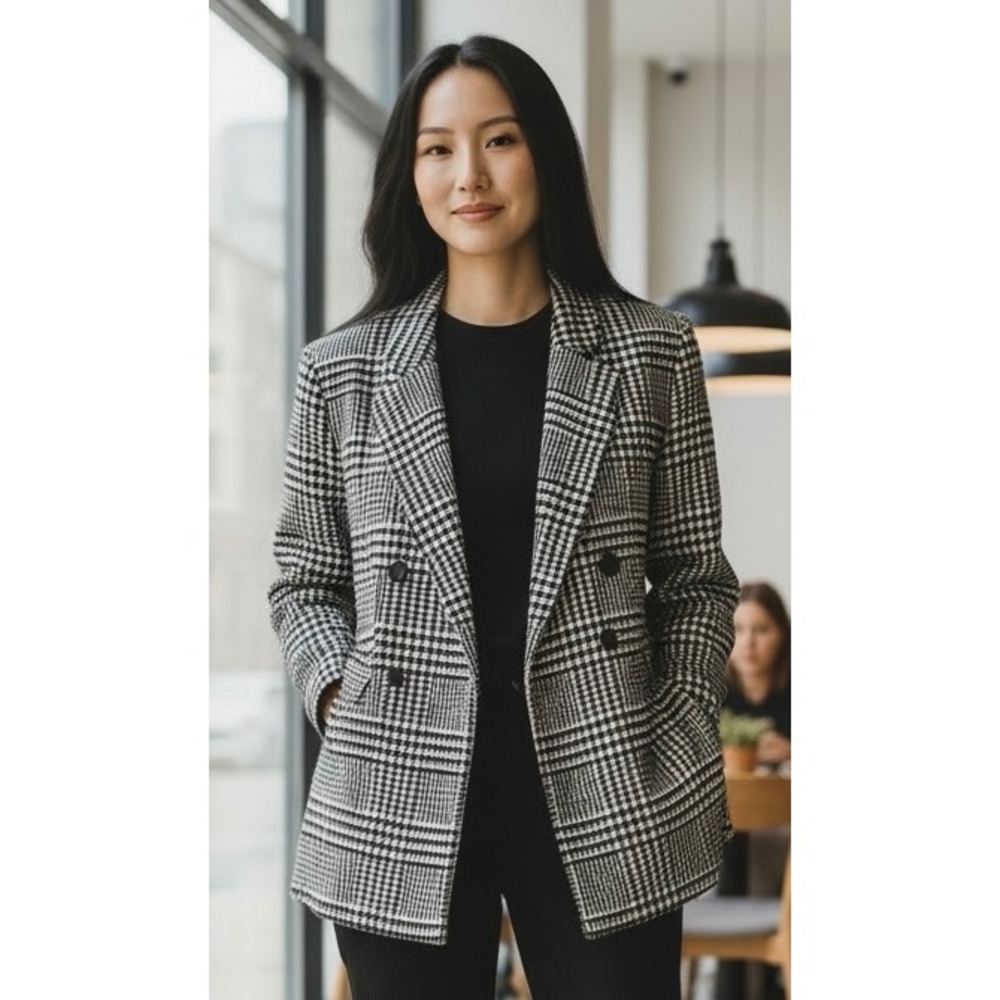 Pink Diamond Womens Black White Glen Plaid Double Breasted Blazer Size 10